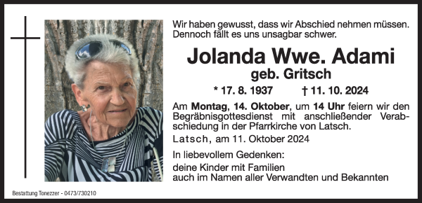 Traueranzeige von Jolanda Adami von Dolomiten