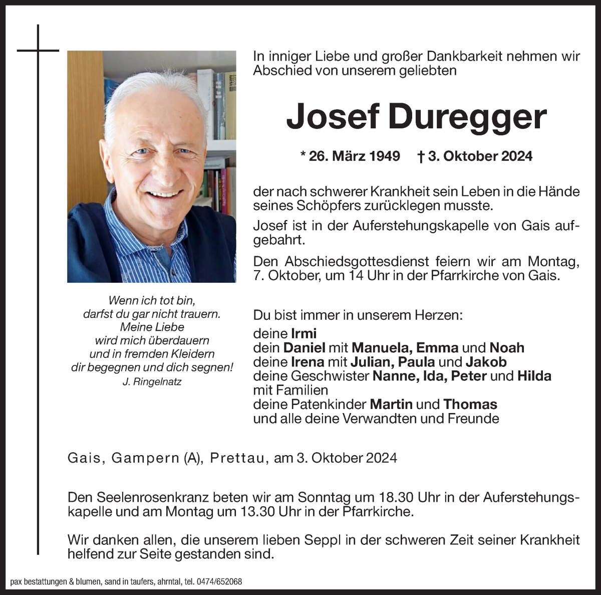  Traueranzeige für Josef Duregger vom 05.10.2024 aus Dolomiten