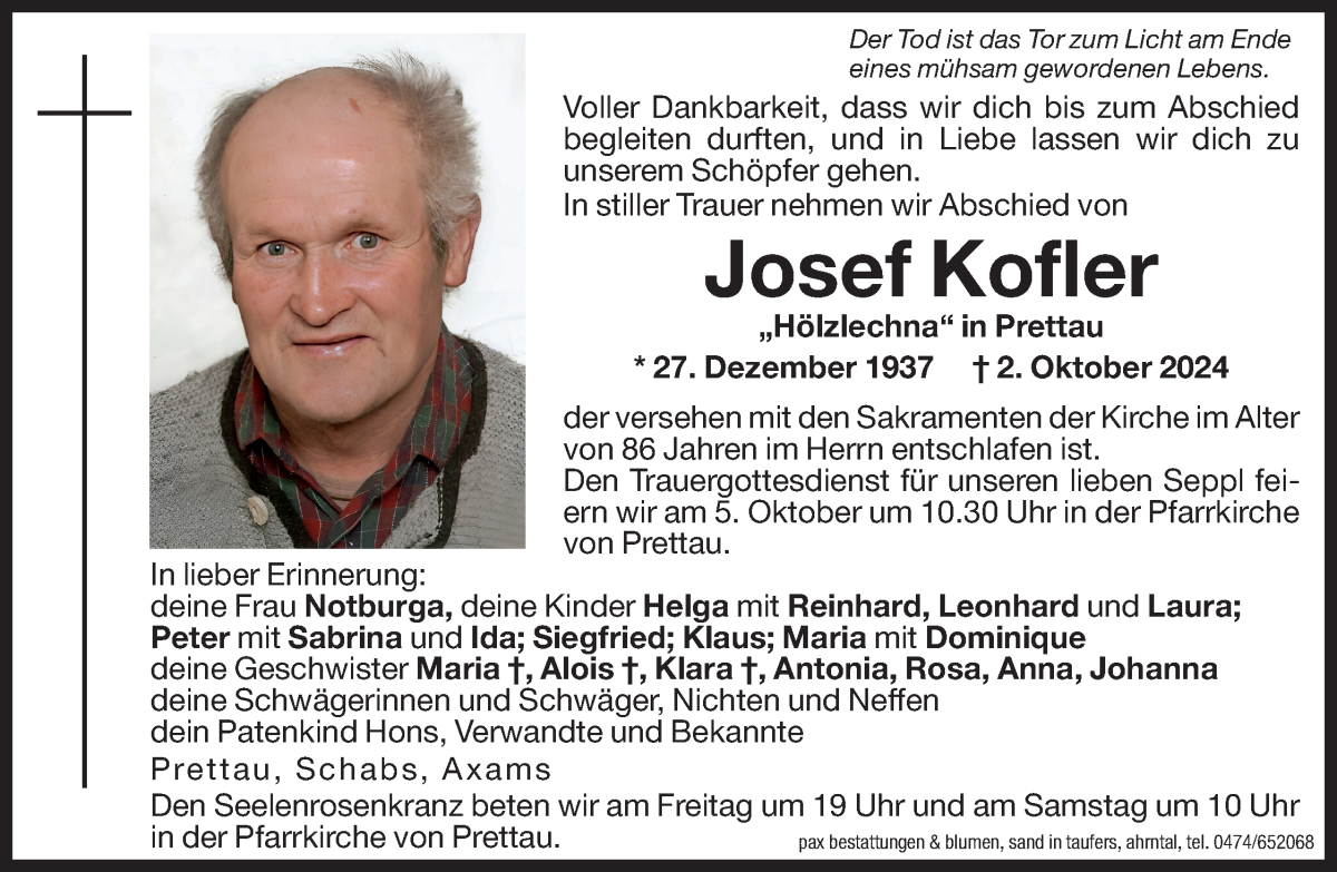  Traueranzeige für Josef Kofler vom 04.10.2024 aus Dolomiten