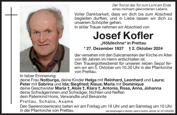 Traueranzeige von Josef Kofler von Dolomiten
