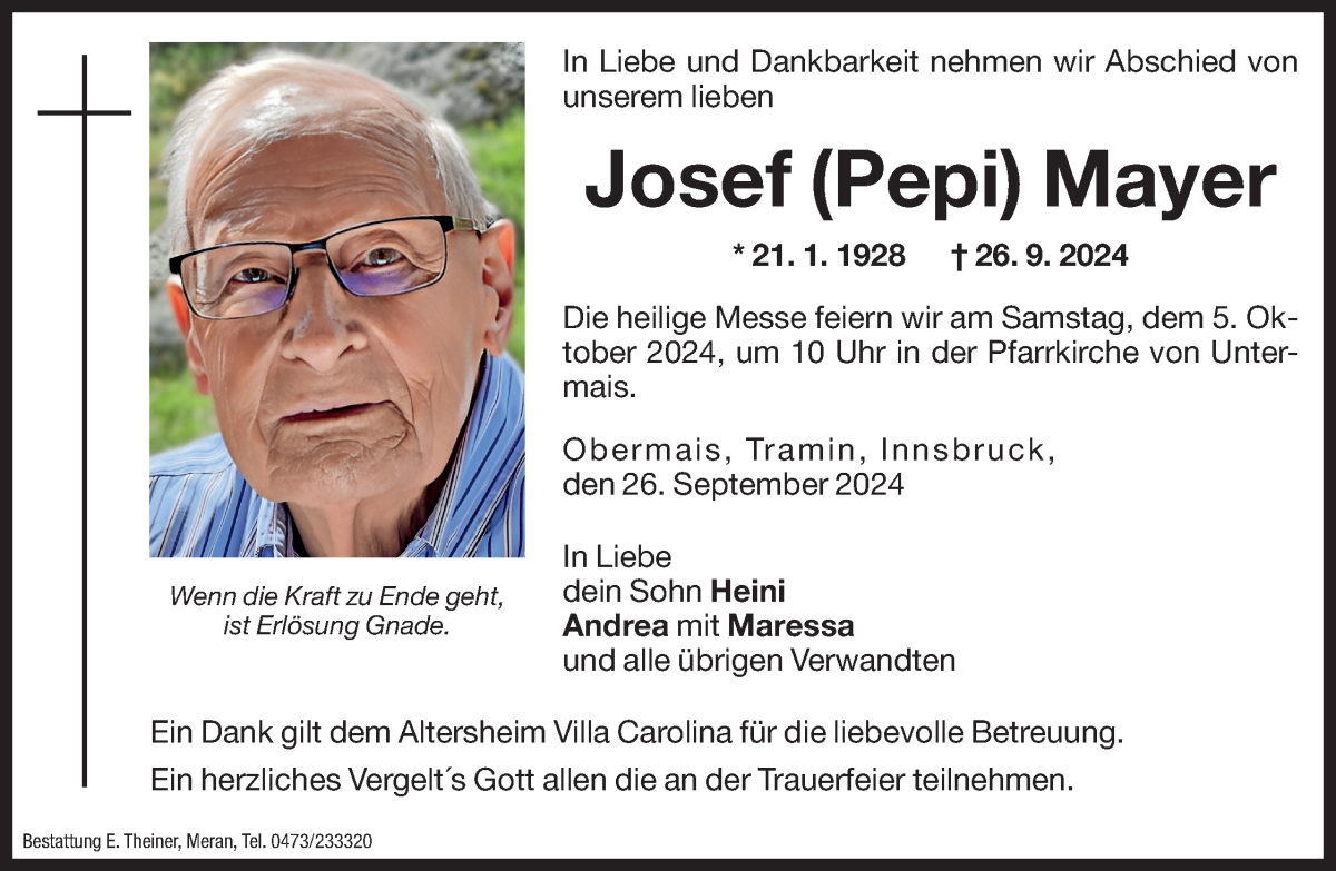  Traueranzeige für Josef Mayer vom 03.10.2024 aus Dolomiten