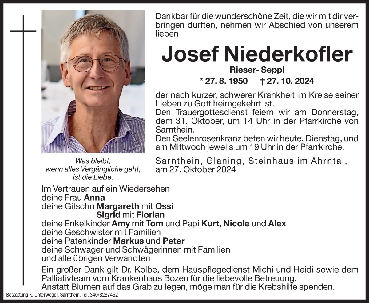  Traueranzeige für Josef Niederkofler vom 29.10.2024 aus Dolomiten