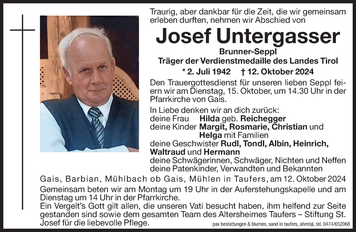  Traueranzeige für Josef Untergasser vom 14.10.2024 aus Dolomiten