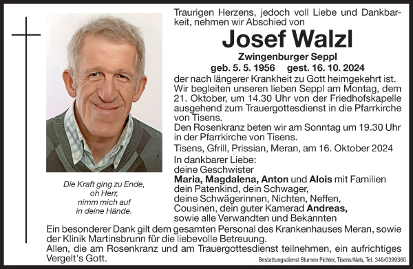 Traueranzeige von Josef Walzl von Dolomiten