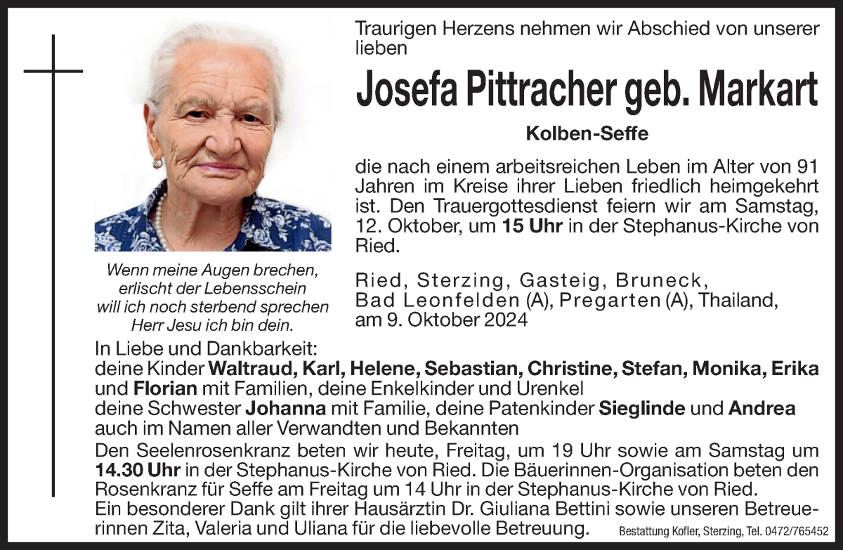  Traueranzeige für Josefa Pittracher vom 11.10.2024 aus Dolomiten