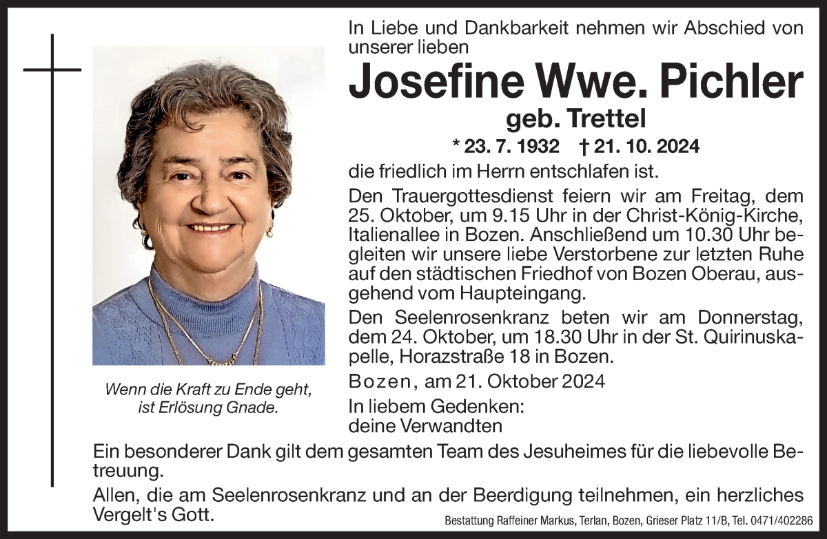  Traueranzeige für Josefine Pichler vom 23.10.2024 aus Dolomiten