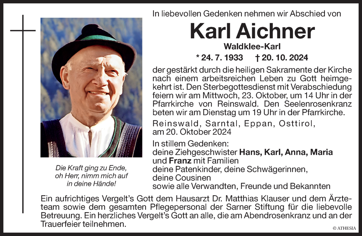  Traueranzeige für Karl Aichner vom 22.10.2024 aus Dolomiten