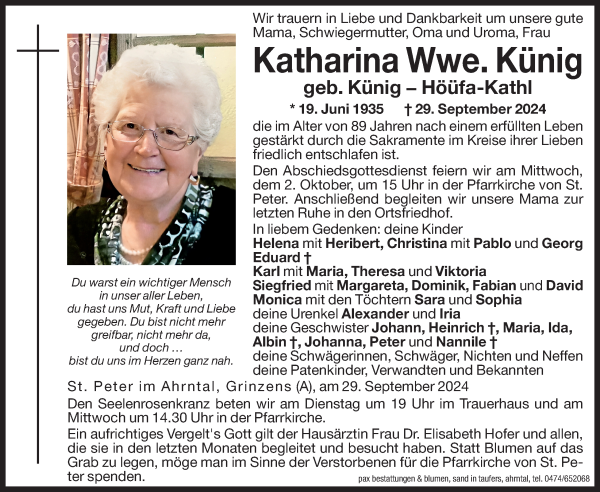 Traueranzeige von Katharina Künig von Dolomiten