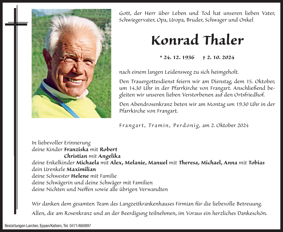  Traueranzeige für Konrad Thaler vom 11.10.2024 aus Dolomiten