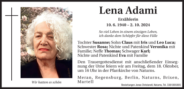 Traueranzeige von Lena Adami von Dolomiten