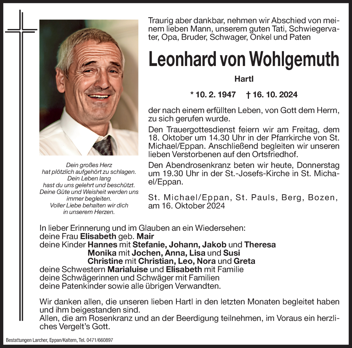  Traueranzeige für Leonhard von Wohlgemuth vom 17.10.2024 aus Dolomiten