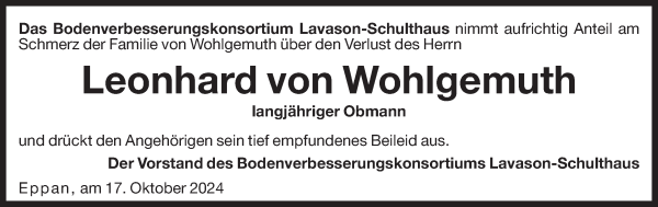 Traueranzeige von Leonhard von Wohlgemuth von Dolomiten