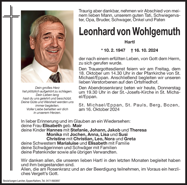 Traueranzeige von Leonhard von Wohlgemuth von Dolomiten