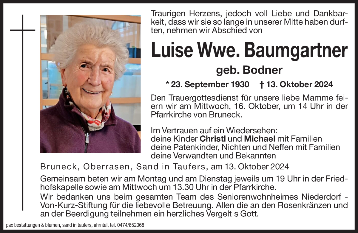  Traueranzeige für Luise Baumgartner vom 14.10.2024 aus Dolomiten