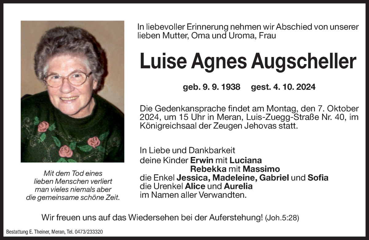  Traueranzeige für Luise Agnes Augscheller vom 05.10.2024 aus Dolomiten