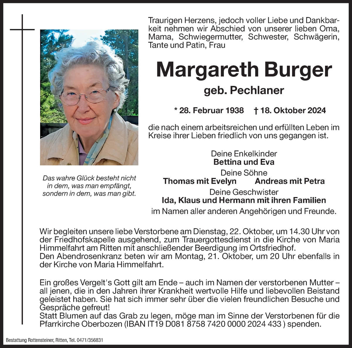  Traueranzeige für Margareth Burger vom 21.10.2024 aus Dolomiten