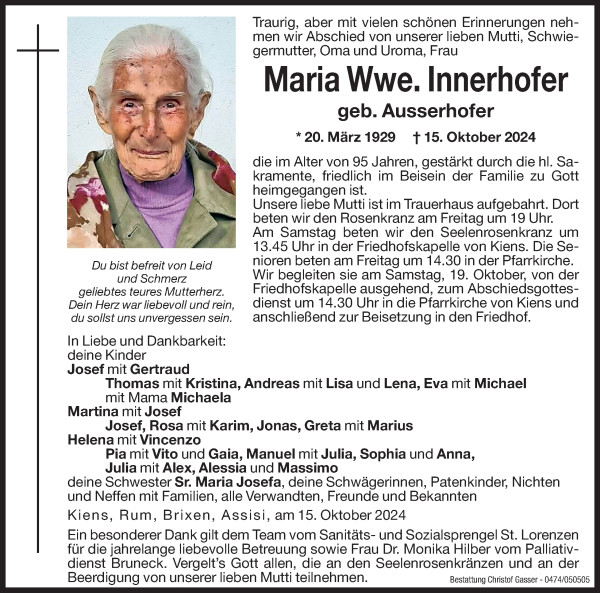 Traueranzeige von Maria Innerhofer von Dolomiten