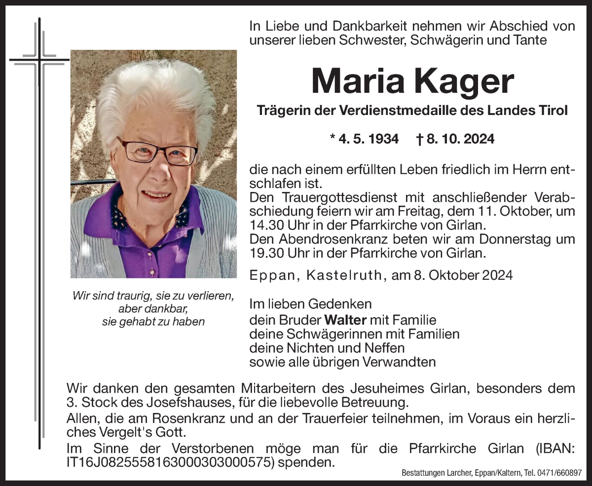  Traueranzeige für Maria Kager vom 09.10.2024 aus Dolomiten