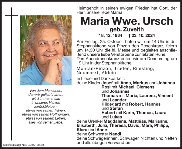 Traueranzeige von Maria Ursch von Dolomiten