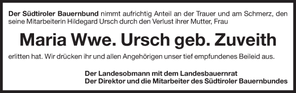 Traueranzeige von Maria Ursch von Dolomiten