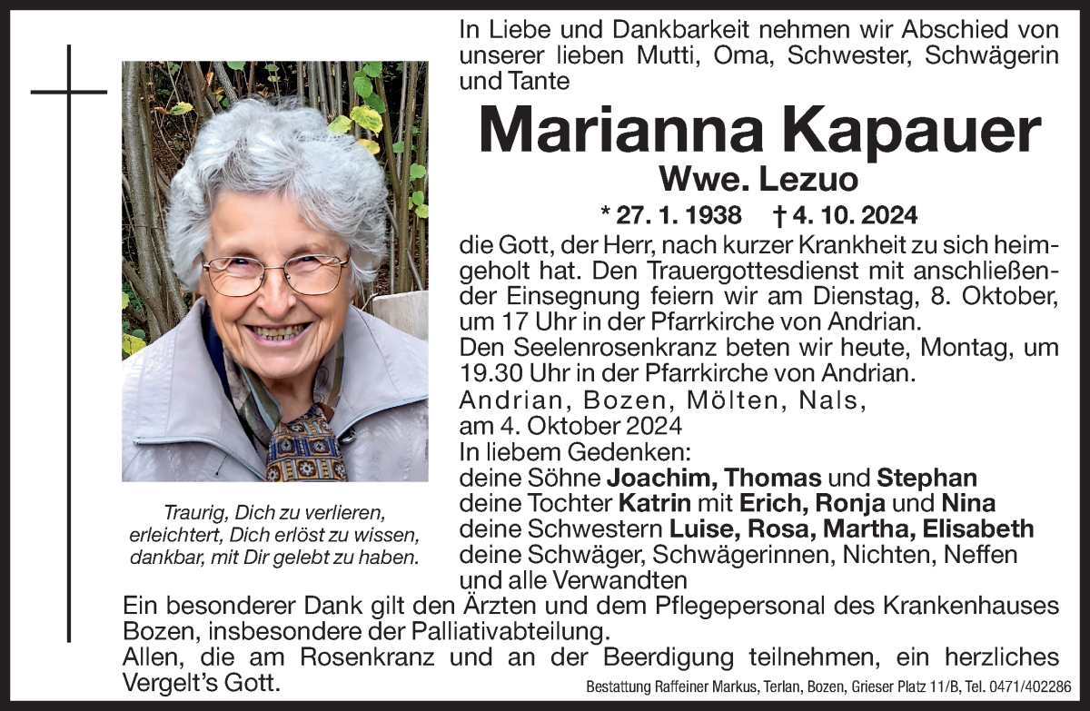  Traueranzeige für Marianna Lezuo vom 07.10.2024 aus Dolomiten