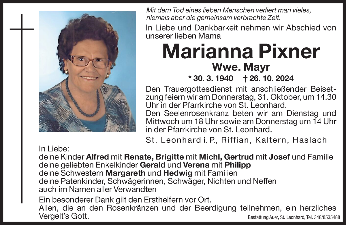  Traueranzeige für Marianna Mayr vom 28.10.2024 aus Dolomiten