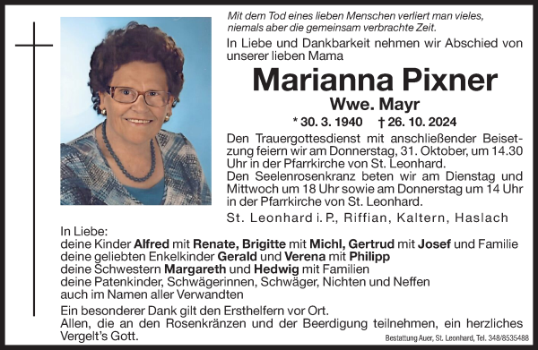 Traueranzeige von Marianna Mayr von Dolomiten