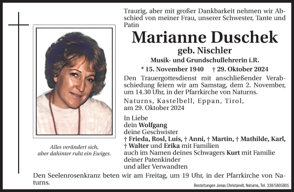 Traueranzeige von Marianne Duschek von Dolomiten