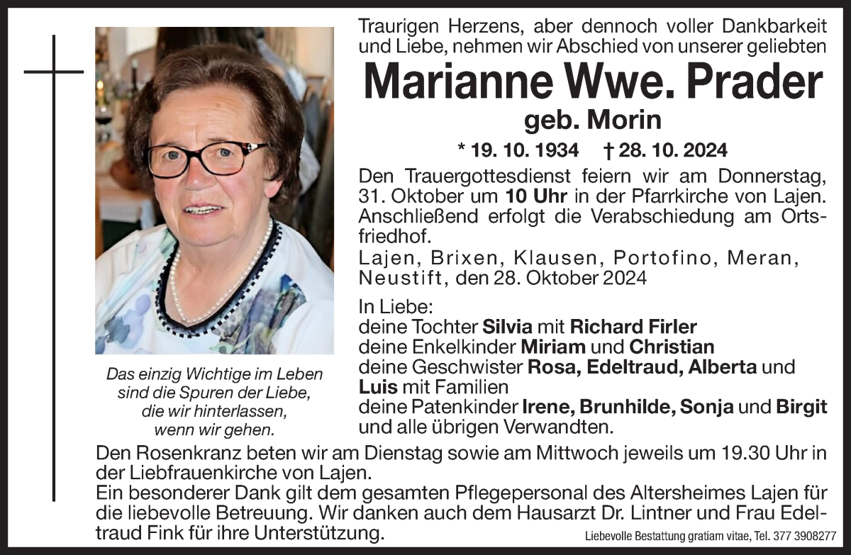  Traueranzeige für Marianne Prader vom 29.10.2024 aus Dolomiten