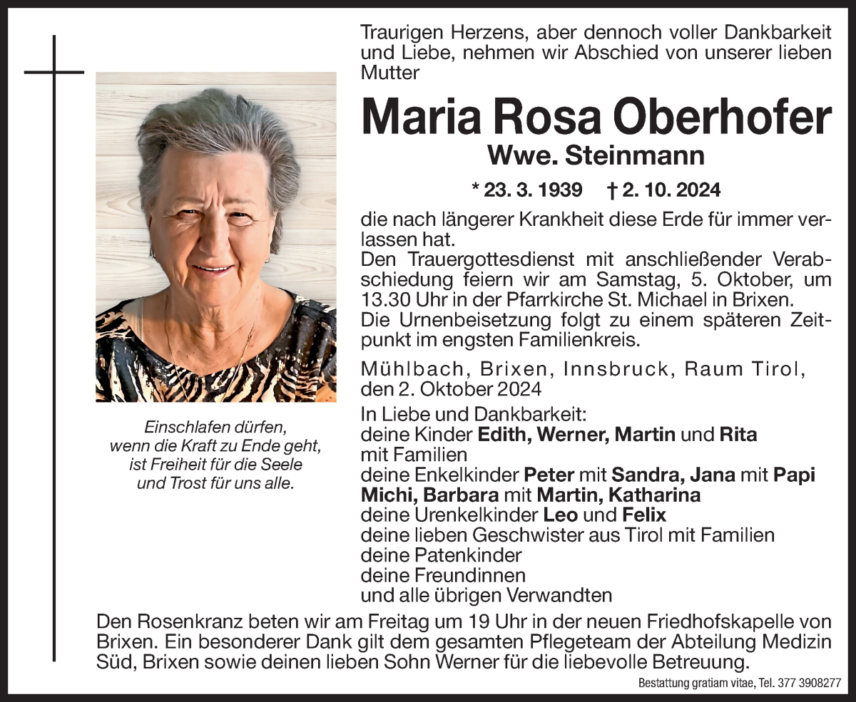  Traueranzeige für Maria Rosa Steinmann vom 04.10.2024 aus Dolomiten