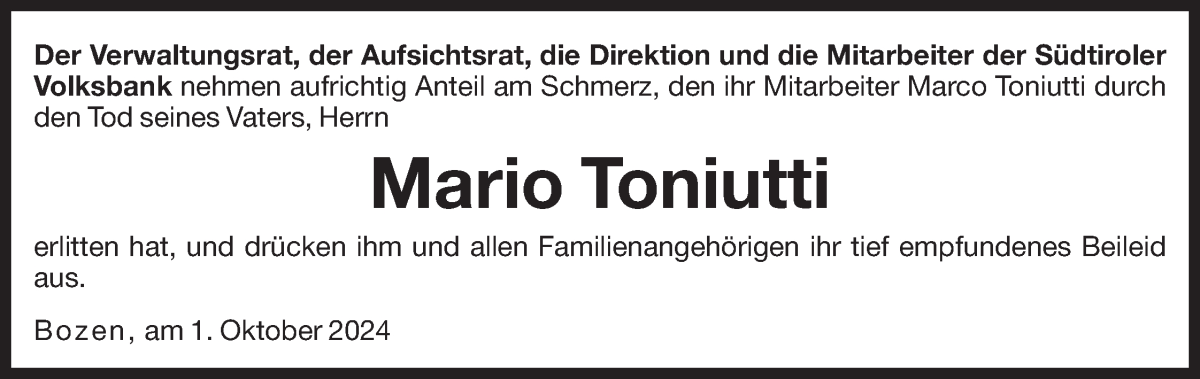  Traueranzeige für Mario Toniutti vom 01.10.2024 aus Dolomiten