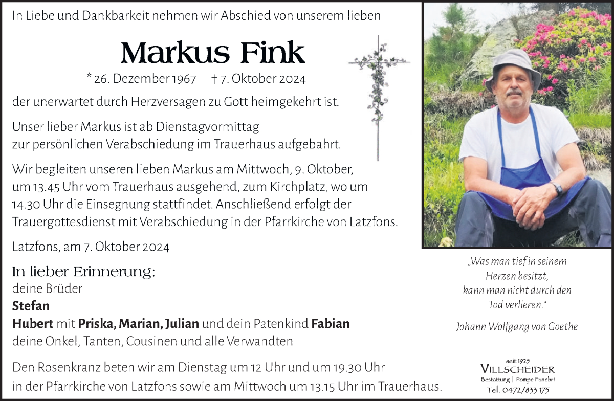  Traueranzeige für Markus Fink vom 08.10.2024 aus Dolomiten