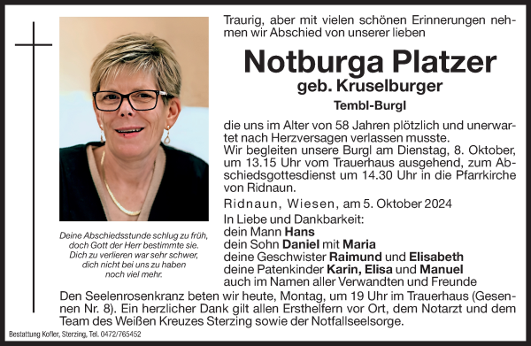 Traueranzeige von Notburga Platzer von Dolomiten