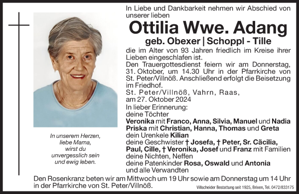 Traueranzeige von Ottilia Adang von Dolomiten