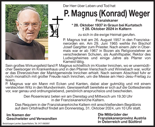 Traueranzeige von P. Magnus (Konrad) Weger von Dolomiten