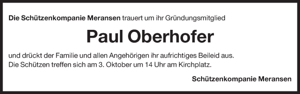 Traueranzeige von Paul Oberhofer von Dolomiten