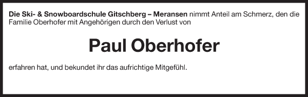Traueranzeige von Paul Oberhofer von Dolomiten