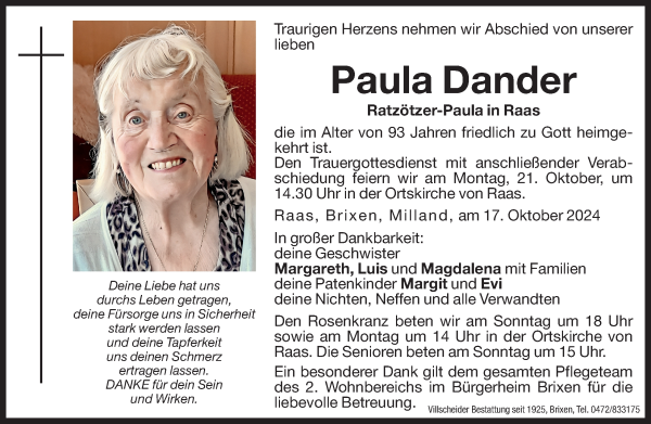 Traueranzeige von Paula Dander von Dolomiten