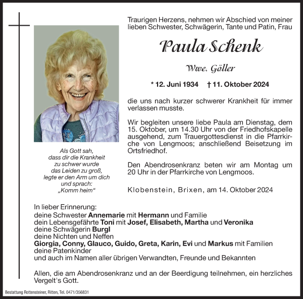 Traueranzeige von Paula Göller von Dolomiten