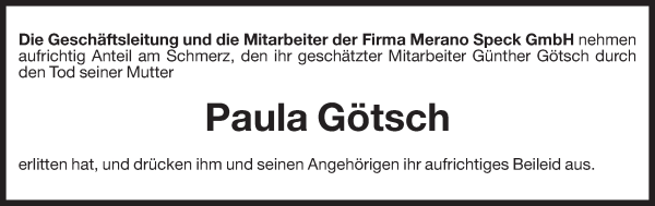 Traueranzeige von Paula Götsch von Dolomiten