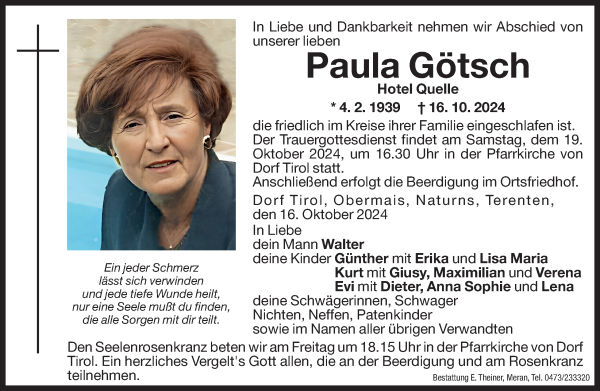 Traueranzeige von Paula Götsch von Dolomiten