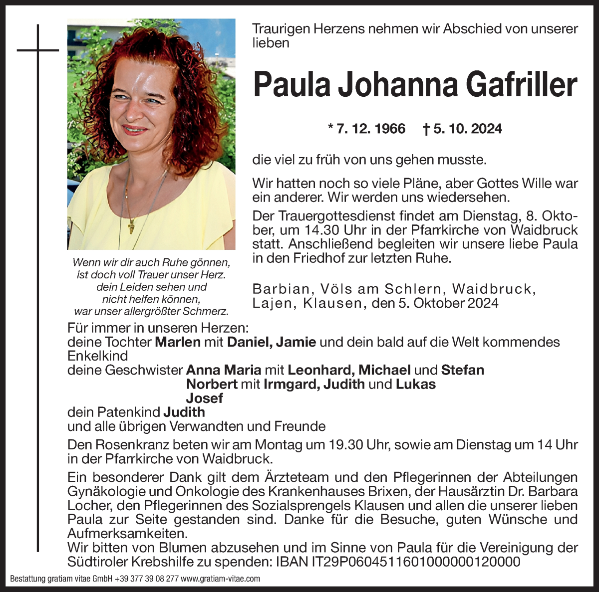  Traueranzeige für Paula Johanna Gafriller vom 07.10.2024 aus Dolomiten