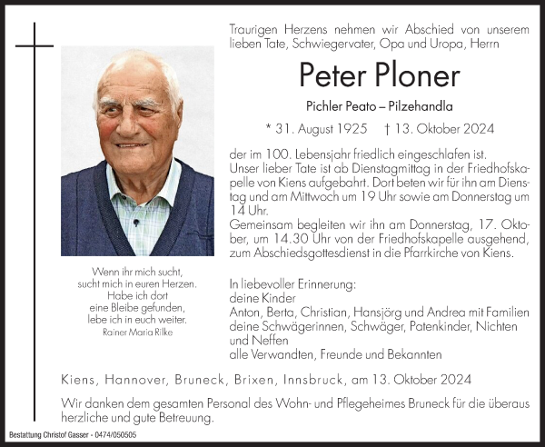 Traueranzeige von Peter Ploner von Dolomiten