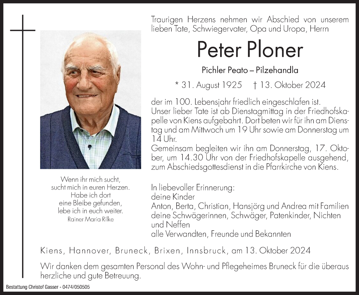  Traueranzeige für Peter Ploner vom 14.10.2024 aus Dolomiten