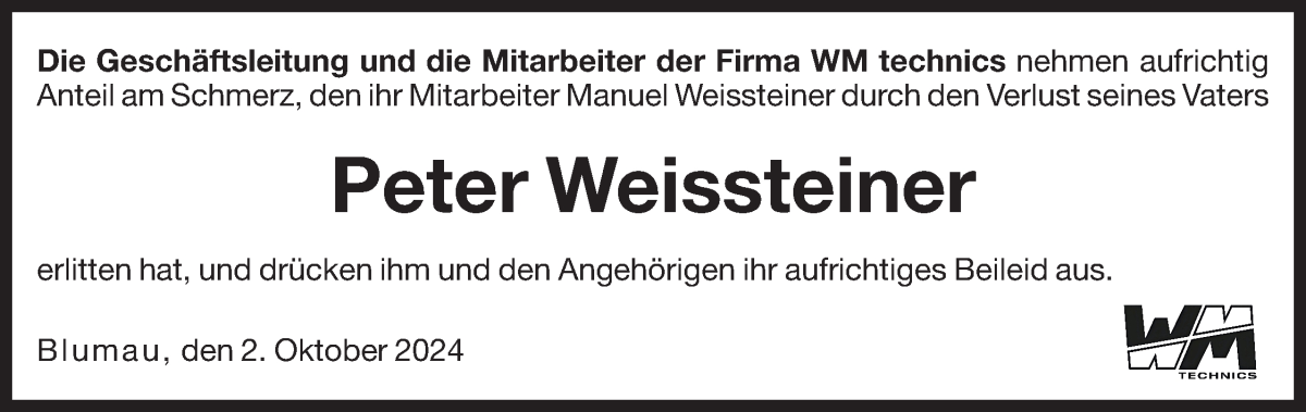  Traueranzeige für Peter Weissteiner vom 03.10.2024 aus Dolomiten