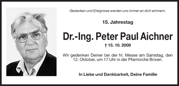 Traueranzeige von Peter Paul Aichner von Dolomiten