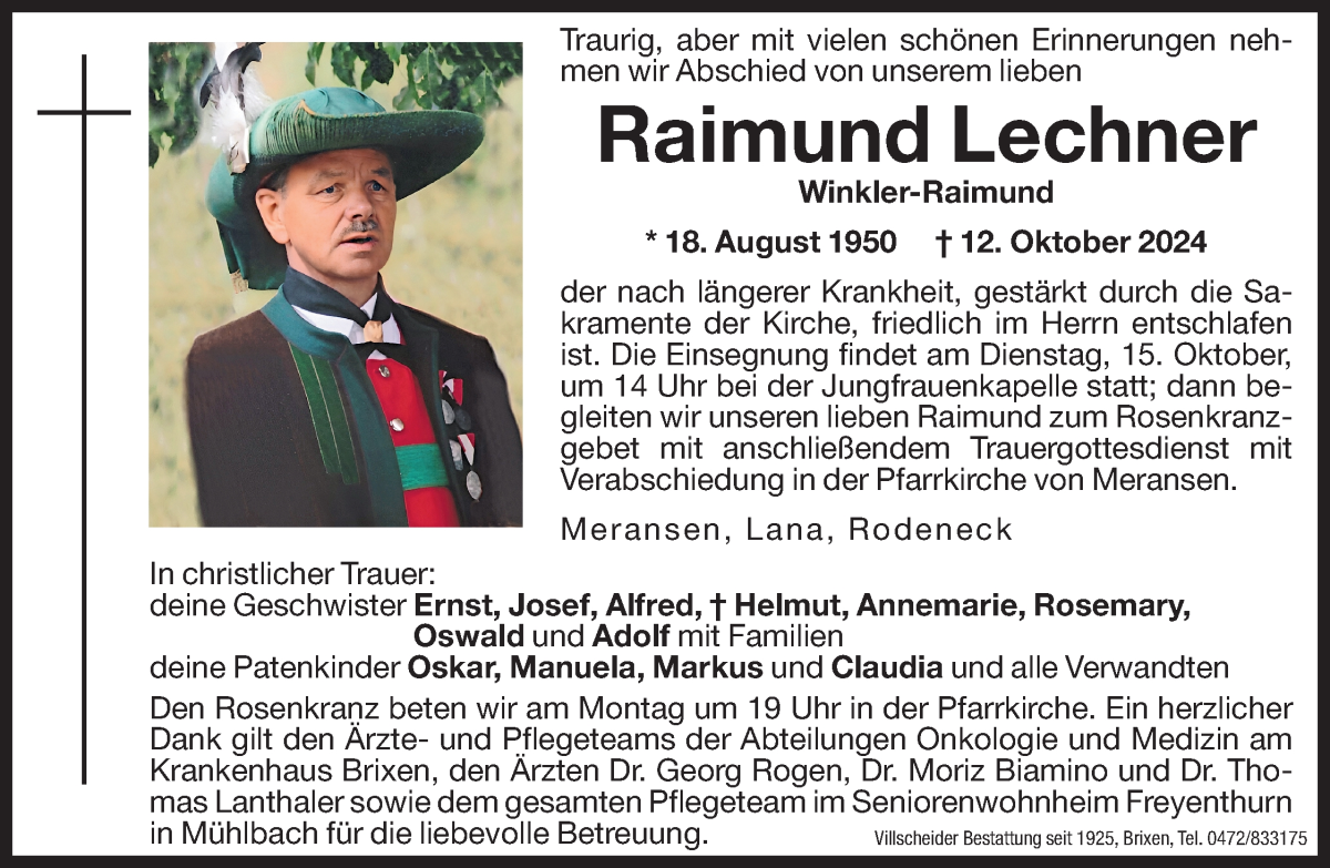  Traueranzeige für Raimund Lechner vom 14.10.2024 aus Dolomiten