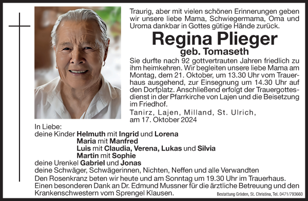 Traueranzeige von Regina Plieger von Dolomiten