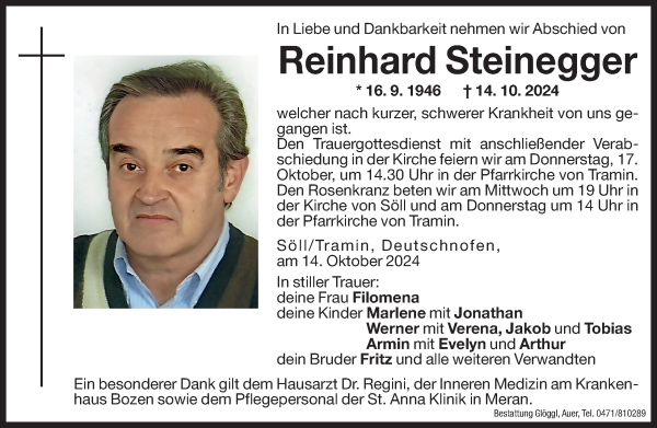 Traueranzeige von Reinhard Steinegger von Dolomiten