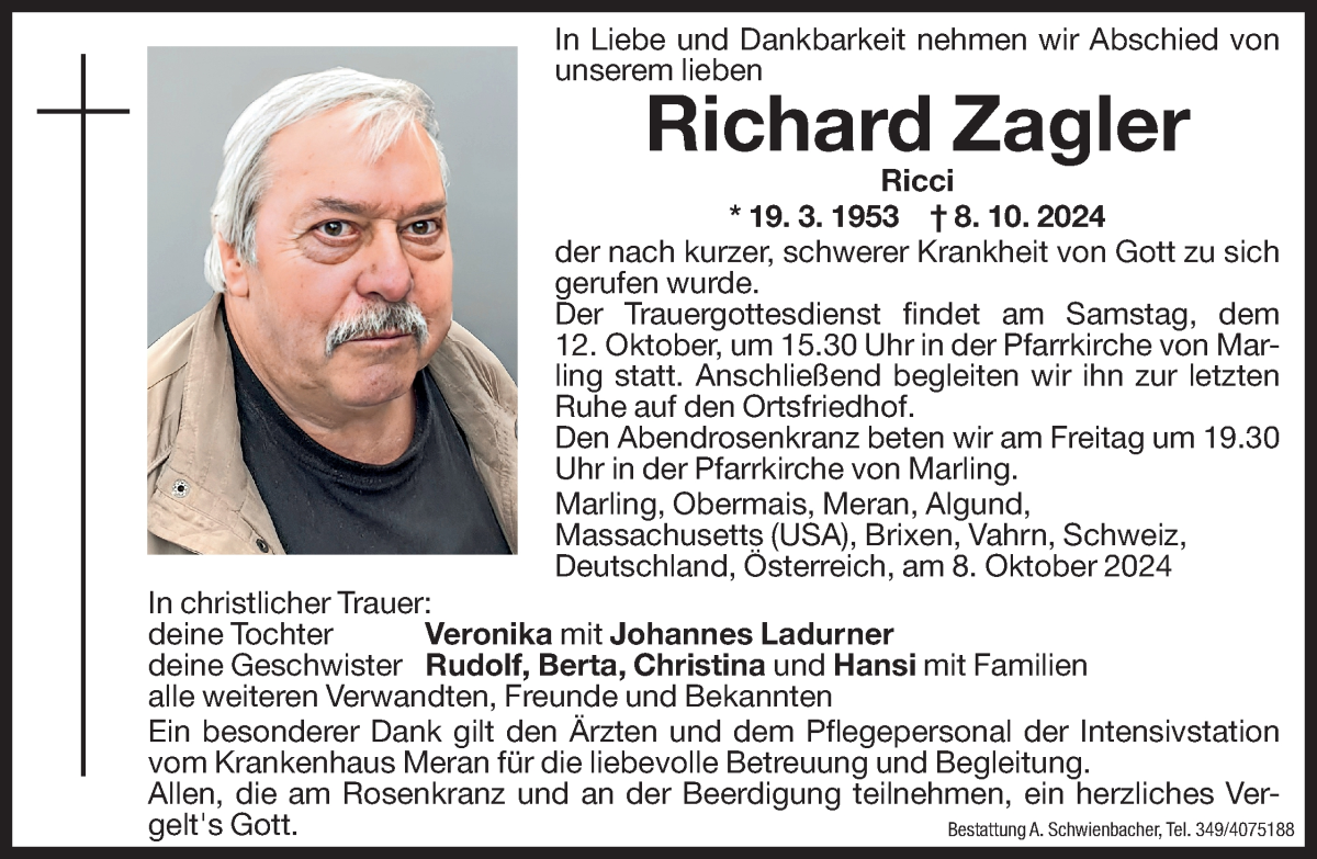  Traueranzeige für Richard Zagler vom 10.10.2024 aus Dolomiten